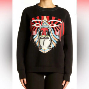 Black Graphic Crewneck Sweatshirt Women S Tribal Animal Face Bold Abstract Print